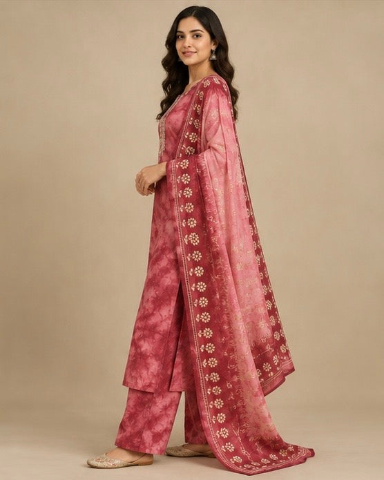 Brick Red Printed Silk Blend Suit Set for Women