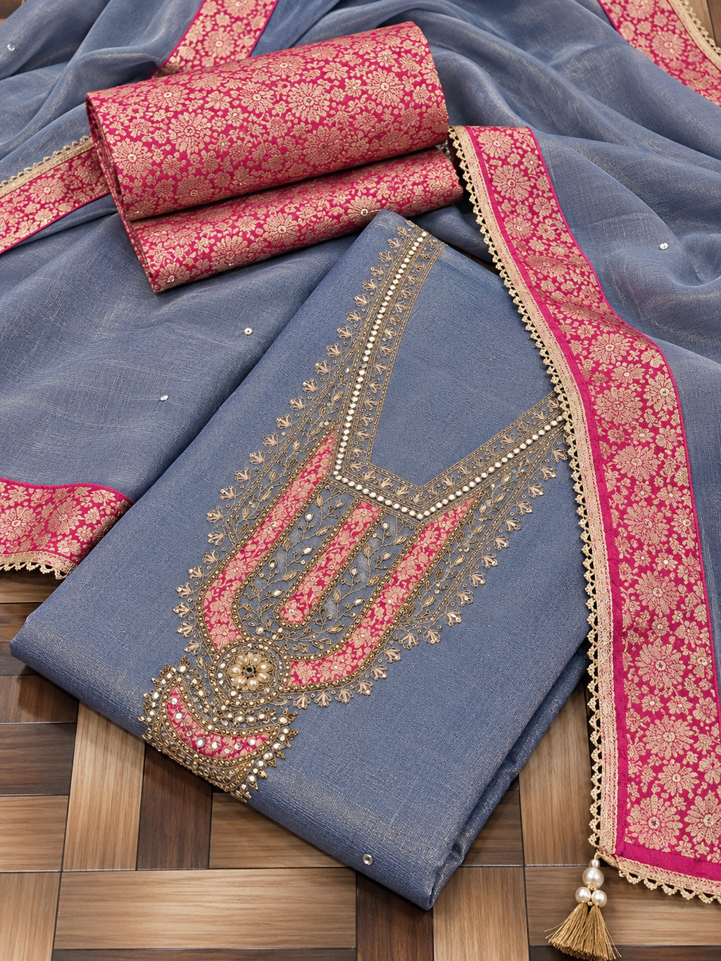 Indigo Blue Tissue Silk Unstitched Suit Material with Pink Brocade Detailing