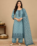 Blue Printed Silk Blend Suit Set for Women