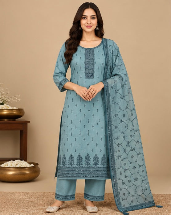 Blue Printed Silk Blend Suit Set for Women