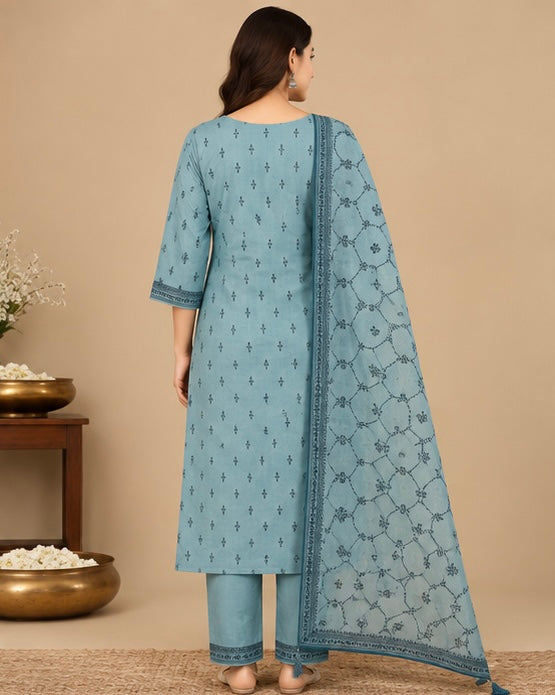 Blue Printed Silk Blend Suit Set for Women
