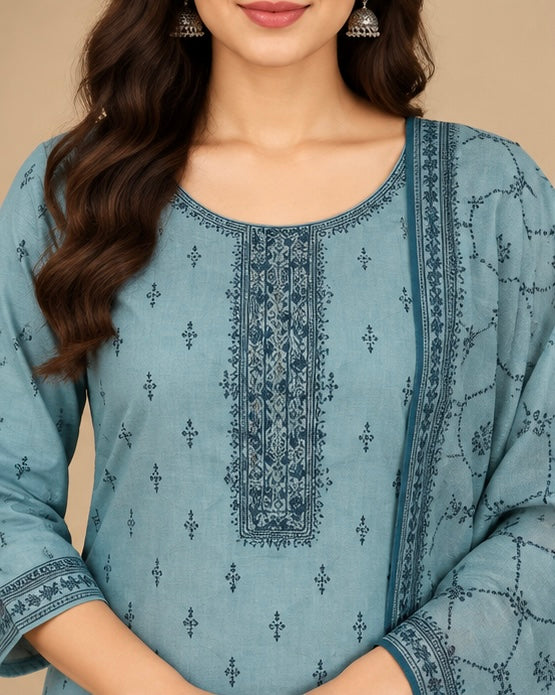 Blue Printed Silk Blend Suit Set for Women