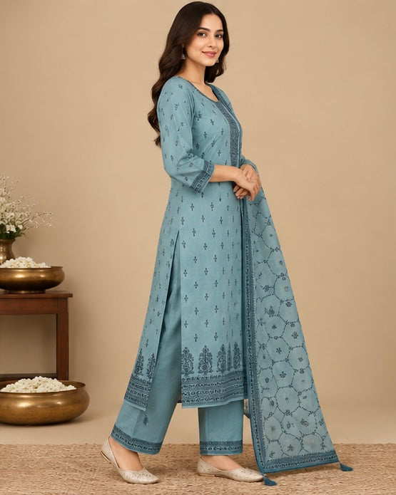 Blue Printed Silk Blend Suit Set for Women