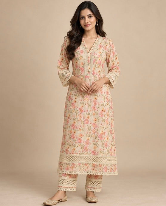 Ivory Floral Printed Cotton Cord Set for Women