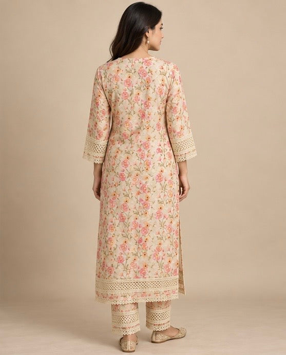 Ivory Floral Printed Cotton Cord Set for Women