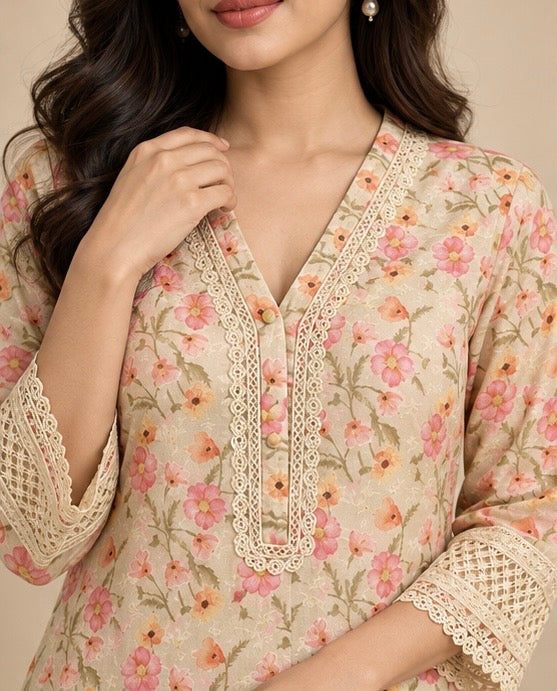 Ivory Floral Printed Cotton Cord Set for Women