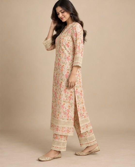 Ivory Floral Printed Cotton Cord Set for Women