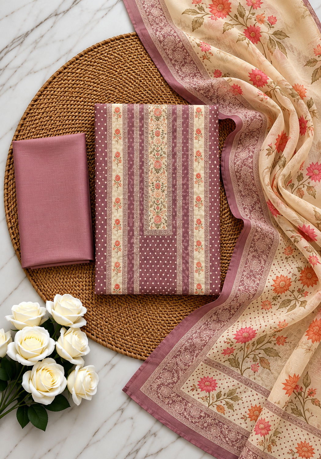 Taupe Chanderi Silk Unstitched Dress Material with Floral Printed Dupatta