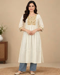 Cream Embroidered Cotton Kurta for Women