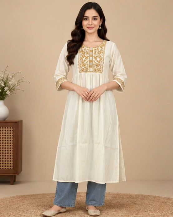 Cream Embroidered Cotton Kurta for Women
