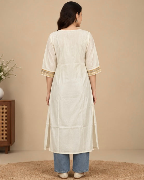 Cream Embroidered Cotton Kurta for Women