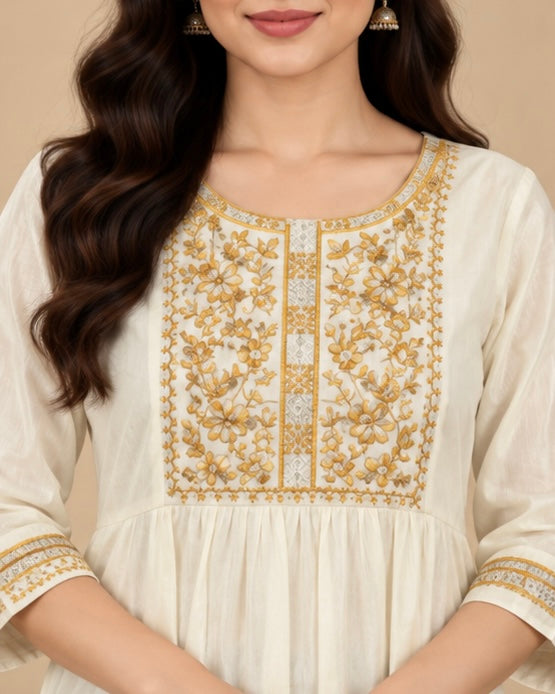 Cream Embroidered Cotton Kurta for Women