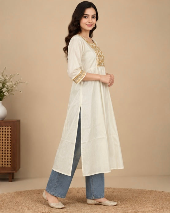 Cream Embroidered Cotton Kurta for Women