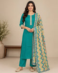 Teal Printed Silk Blend Suit Set for Women