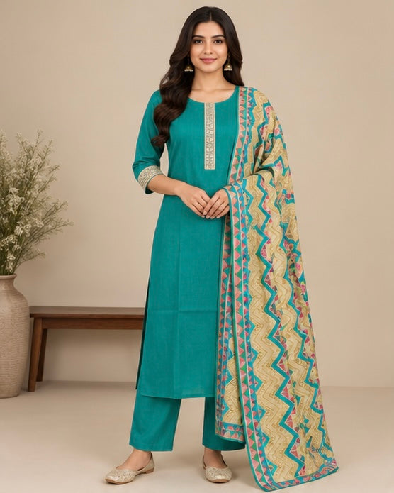 Teal Printed Silk Blend Suit Set for Women
