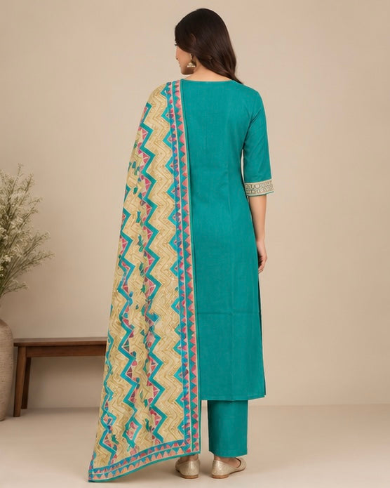 Teal Printed Silk Blend Suit Set for Women