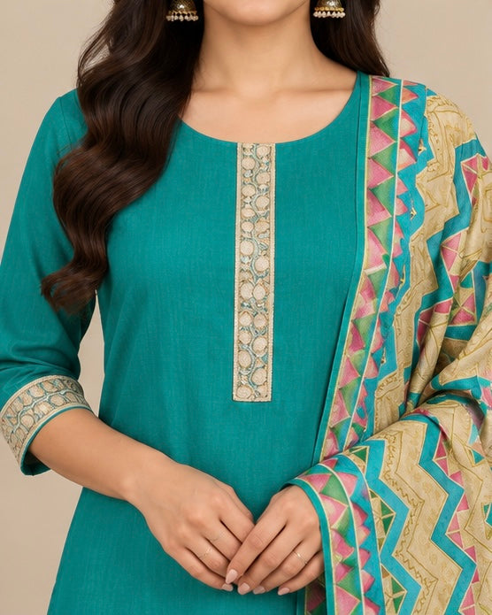 Teal Printed Silk Blend Suit Set for Women