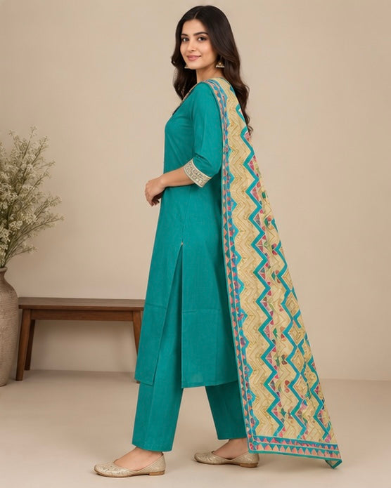 Teal Printed Silk Blend Suit Set for Women