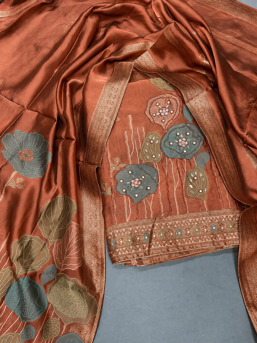 Mocha Brown Viscose Organza Unstitched Dress Material