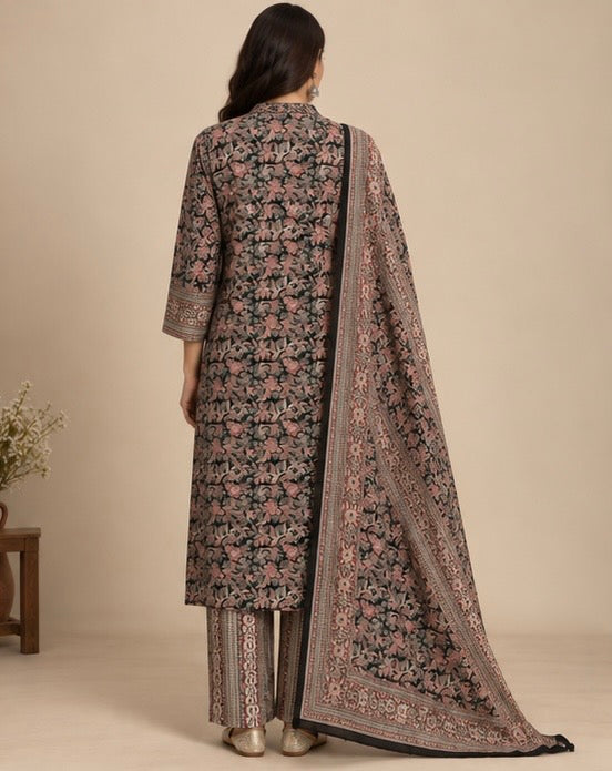 Black Floral Printed Cotton Suit Set for Women