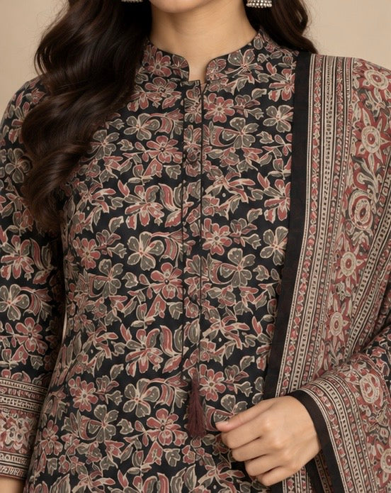 Black Floral Printed Cotton Suit Set for Women