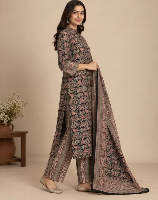 Black Floral Printed Cotton Suit Set for Women