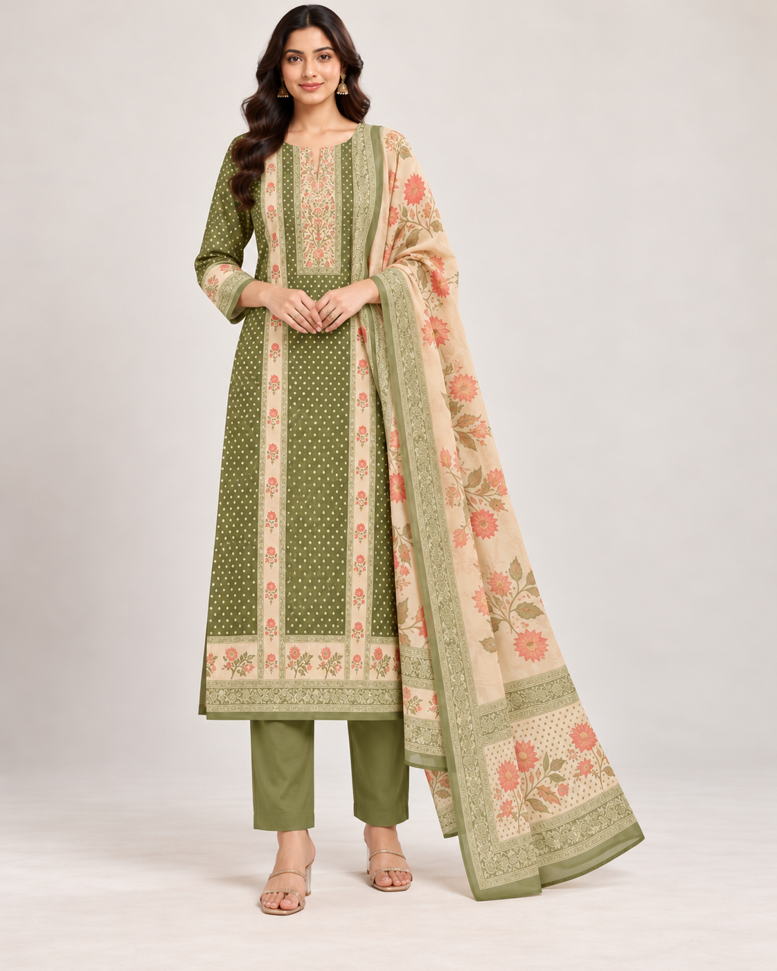 Olive Green Chanderi Silk Unstitched Dress Material with Floral Printed Dupatta