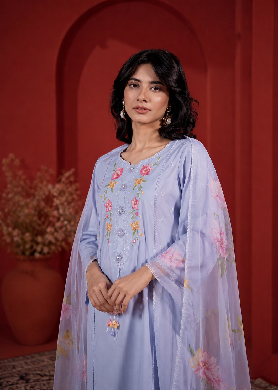 Grey Silk Blend Embroidered Salwar Suit Set
