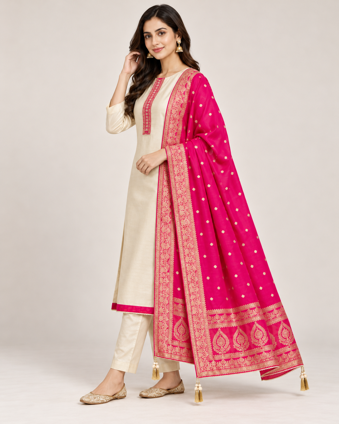 Beige Tissue Silk Unstitched Suit Set with Pink Dupatta