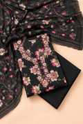 Black Floral Cotton Blend Unstitched Suit Set for Women