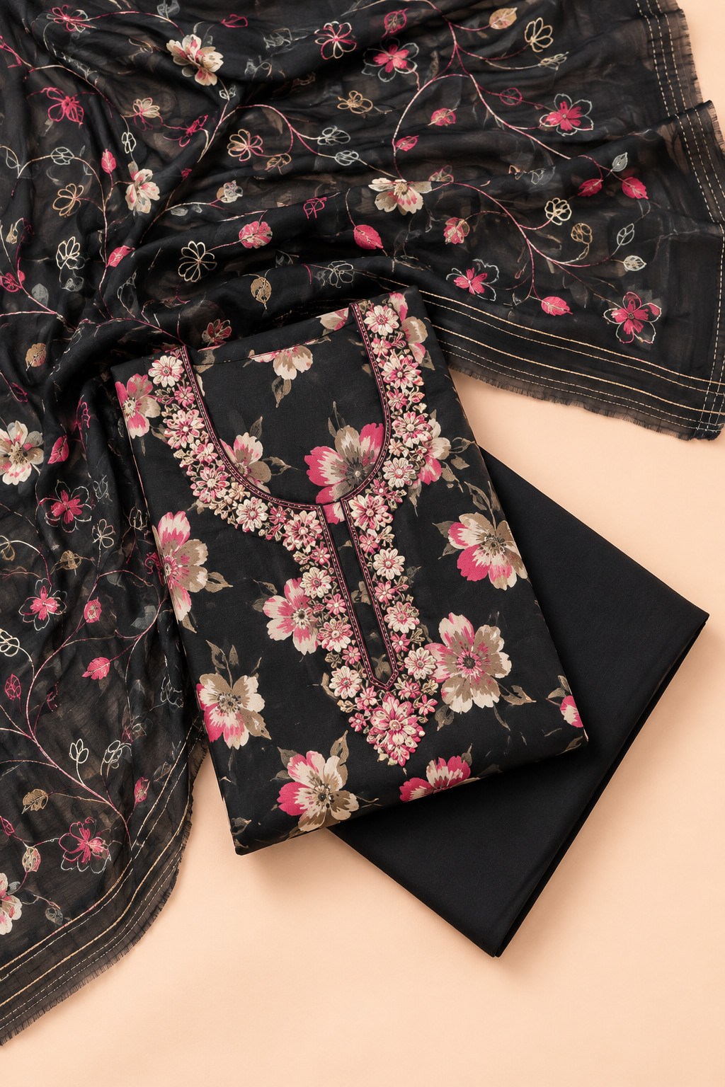 Black Floral Cotton Blend Unstitched Suit Set for Women
