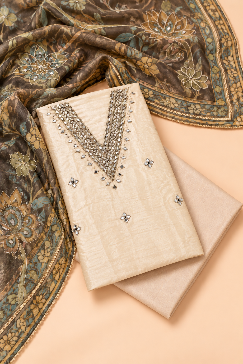 Ivory Tissue Silk Unstitched Suit Set for Women