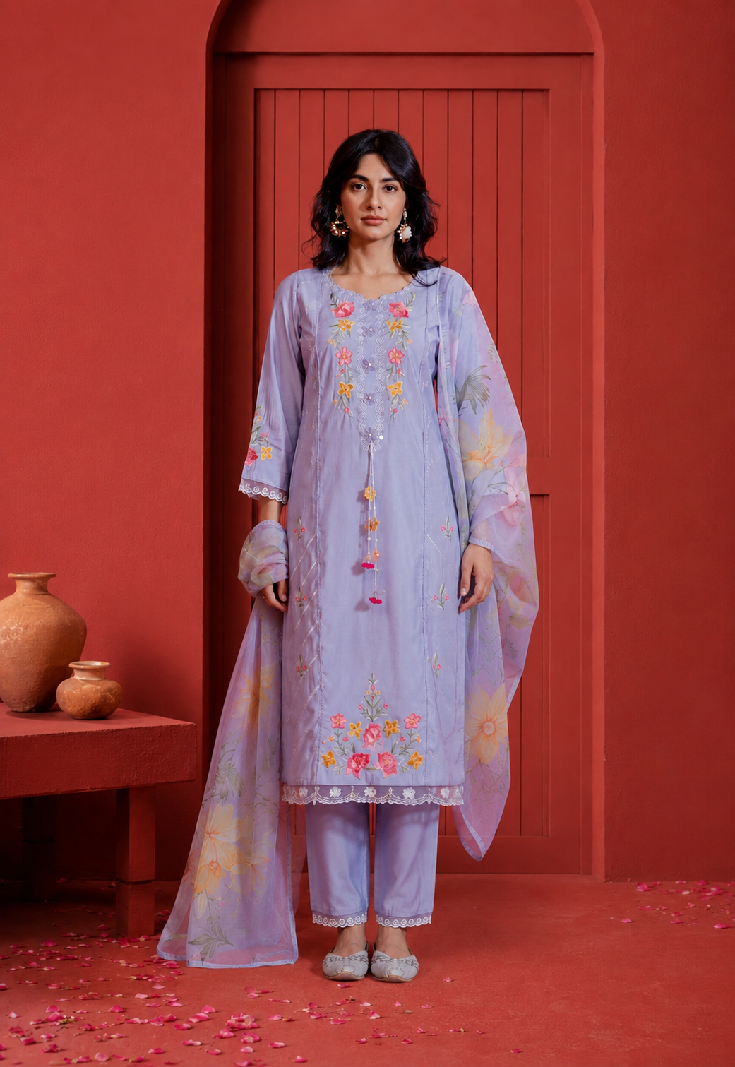 Grey Silk Blend Embroidered Salwar Suit Set