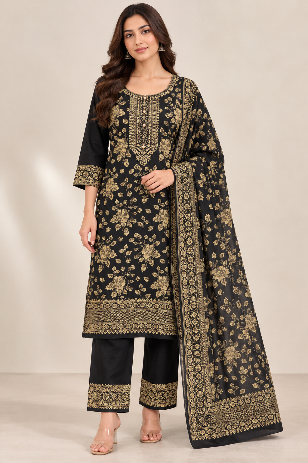 Ash Black Jacquard Winter Suit Set with Gold Floral Print