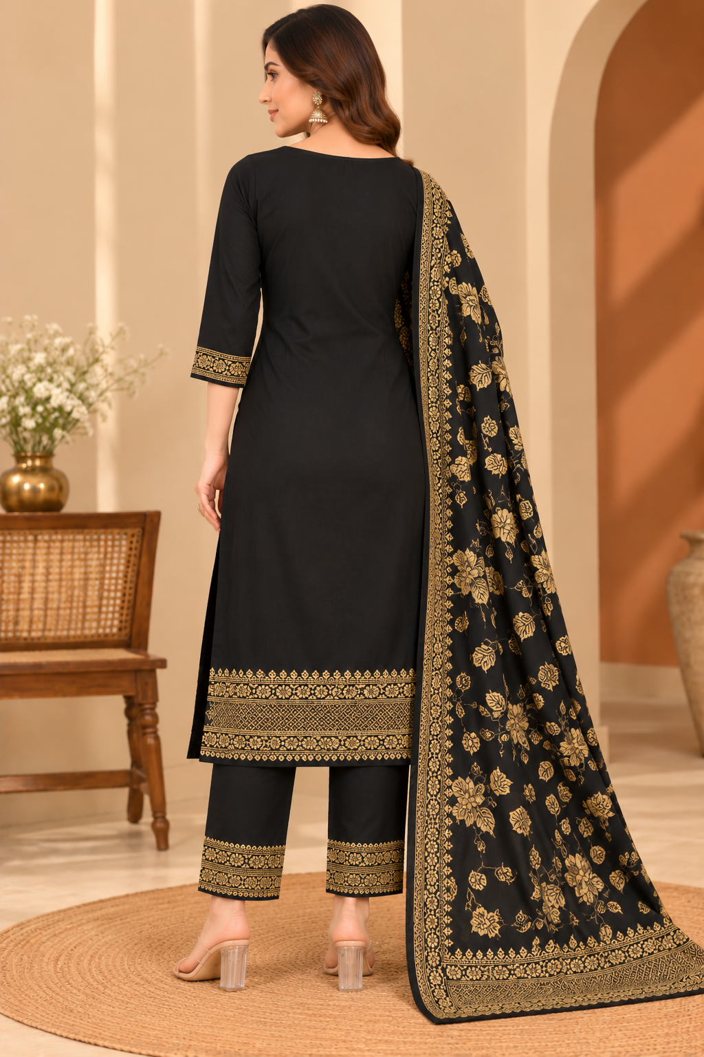 Ash Black Jacquard Winter Suit Set with Gold Floral Print