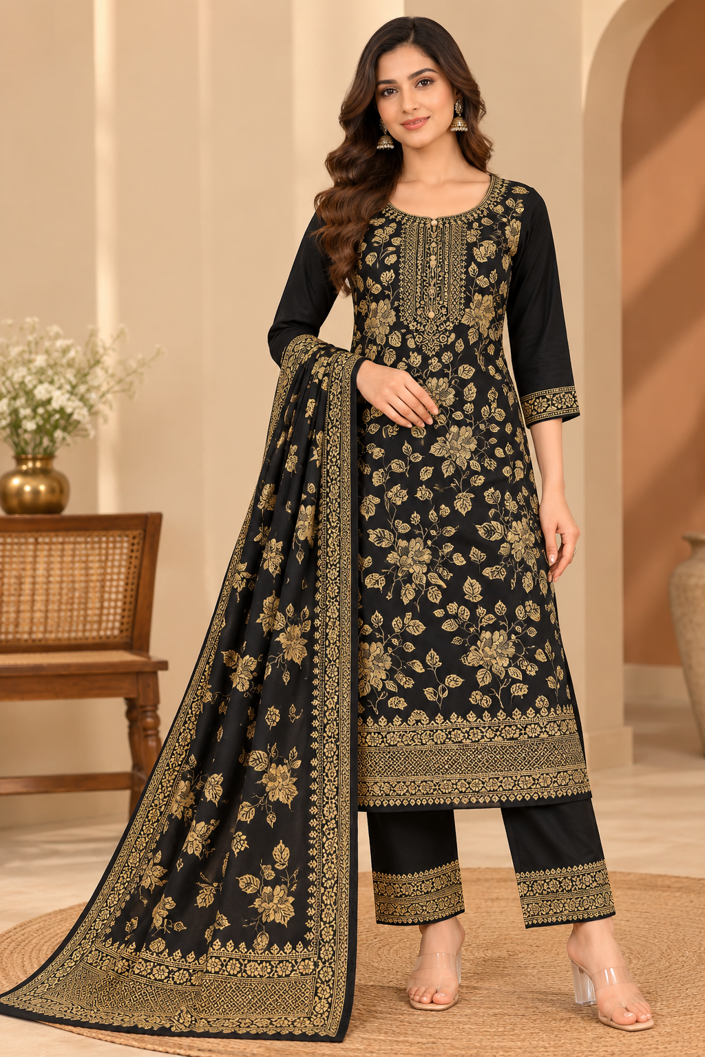 Ash Black Jacquard Winter Suit Set with Gold Floral Print