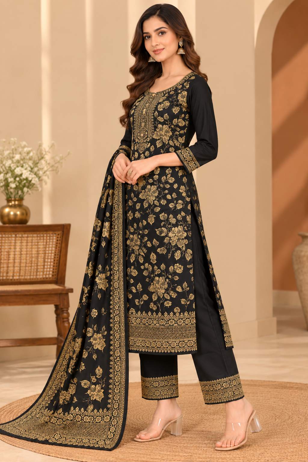 Ash Black Jacquard Winter Suit Set with Gold Floral Print