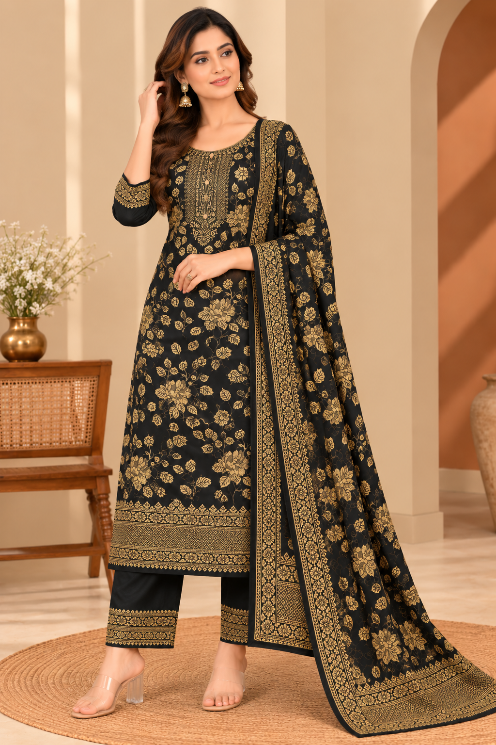 Ash Black Jacquard Winter Suit Set with Gold Floral Print