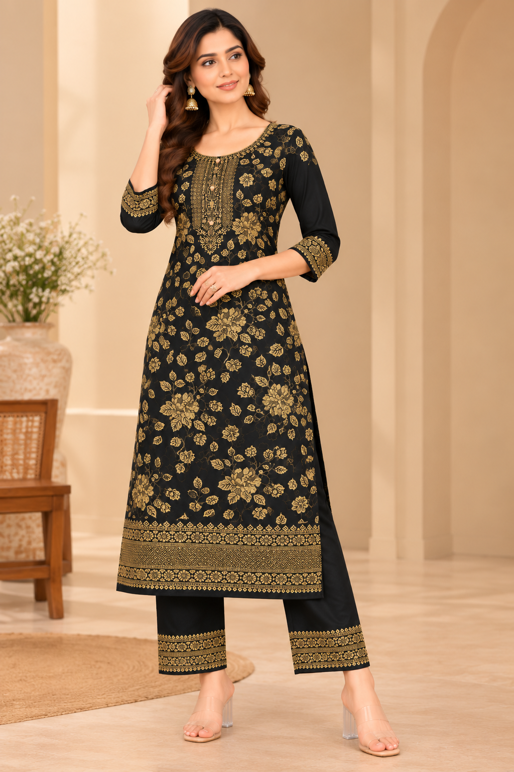 Ash Black Jacquard Winter Suit Set with Gold Floral Print