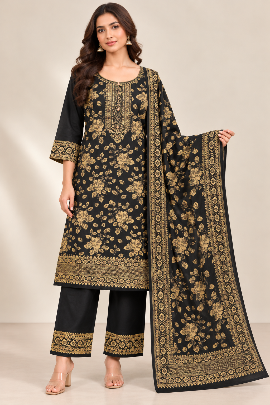 Ash Black Jacquard Winter Suit Set with Gold Floral Print
