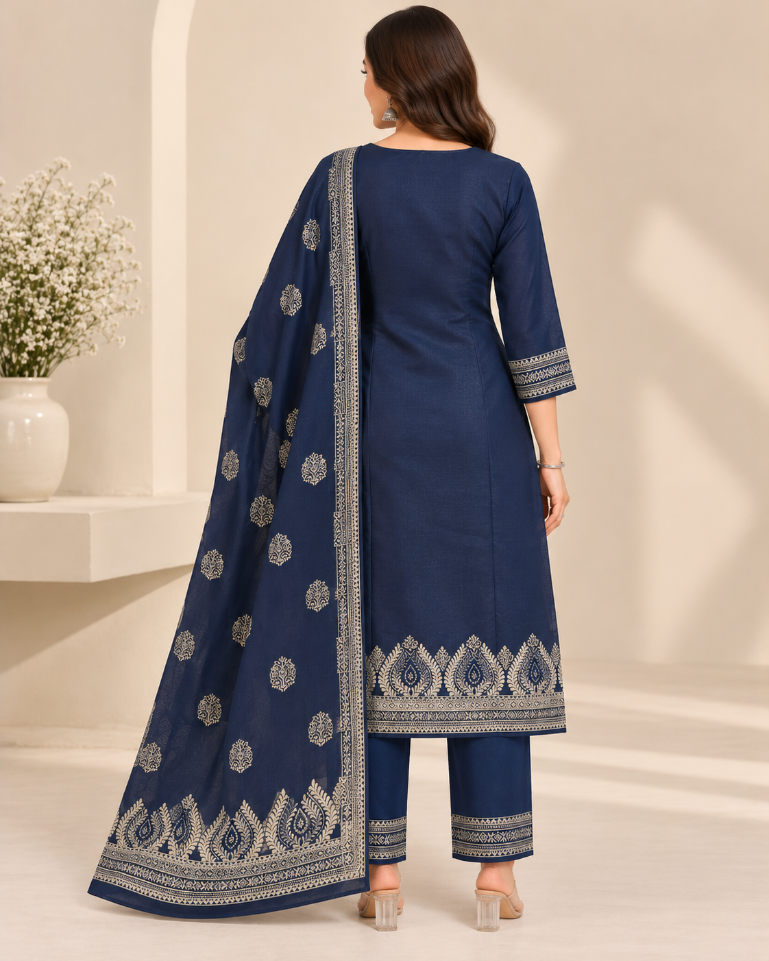 Navy Blue Ivory Print Jacquard Winter SKD