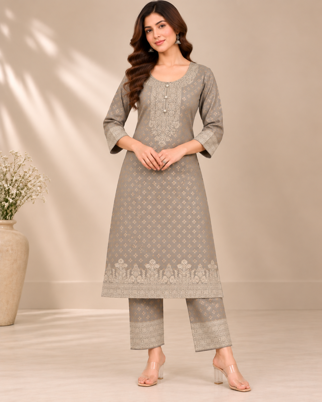 Grey Ivory Print Jacquard Winter SKD