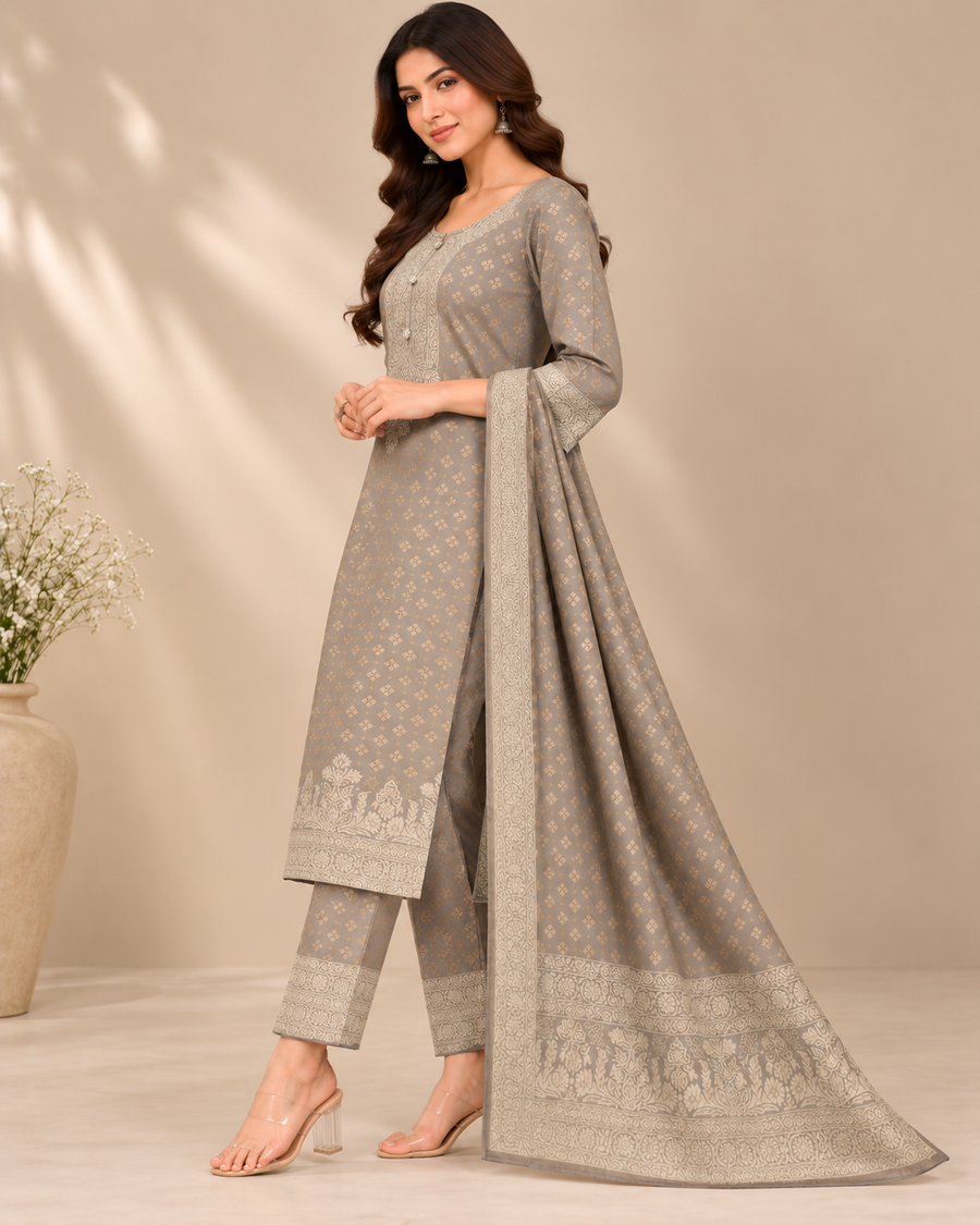 Grey Ivory Print Jacquard Winter SKD