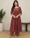 Red Floral Printed Silk Blend Kurtee Set