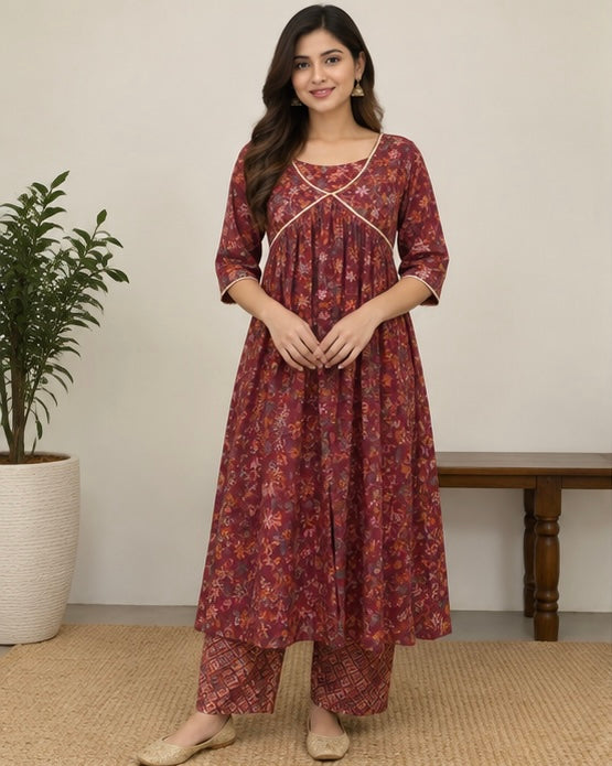 Red Floral Printed Silk Blend Kurtee Set