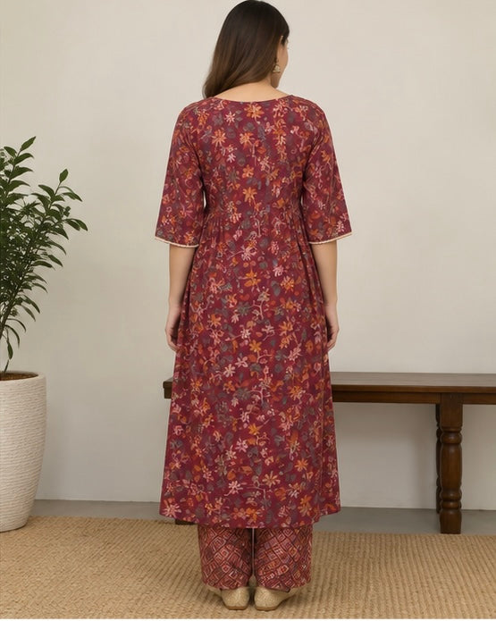 Red Floral Printed Silk Blend Kurtee Set
