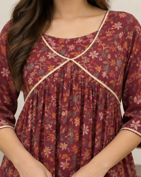 Red Floral Printed Silk Blend Kurtee Set