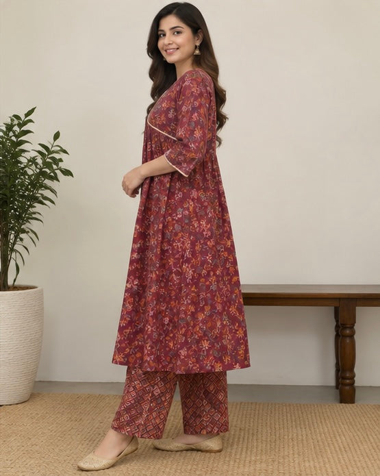 Red Floral Printed Silk Blend Kurtee Set