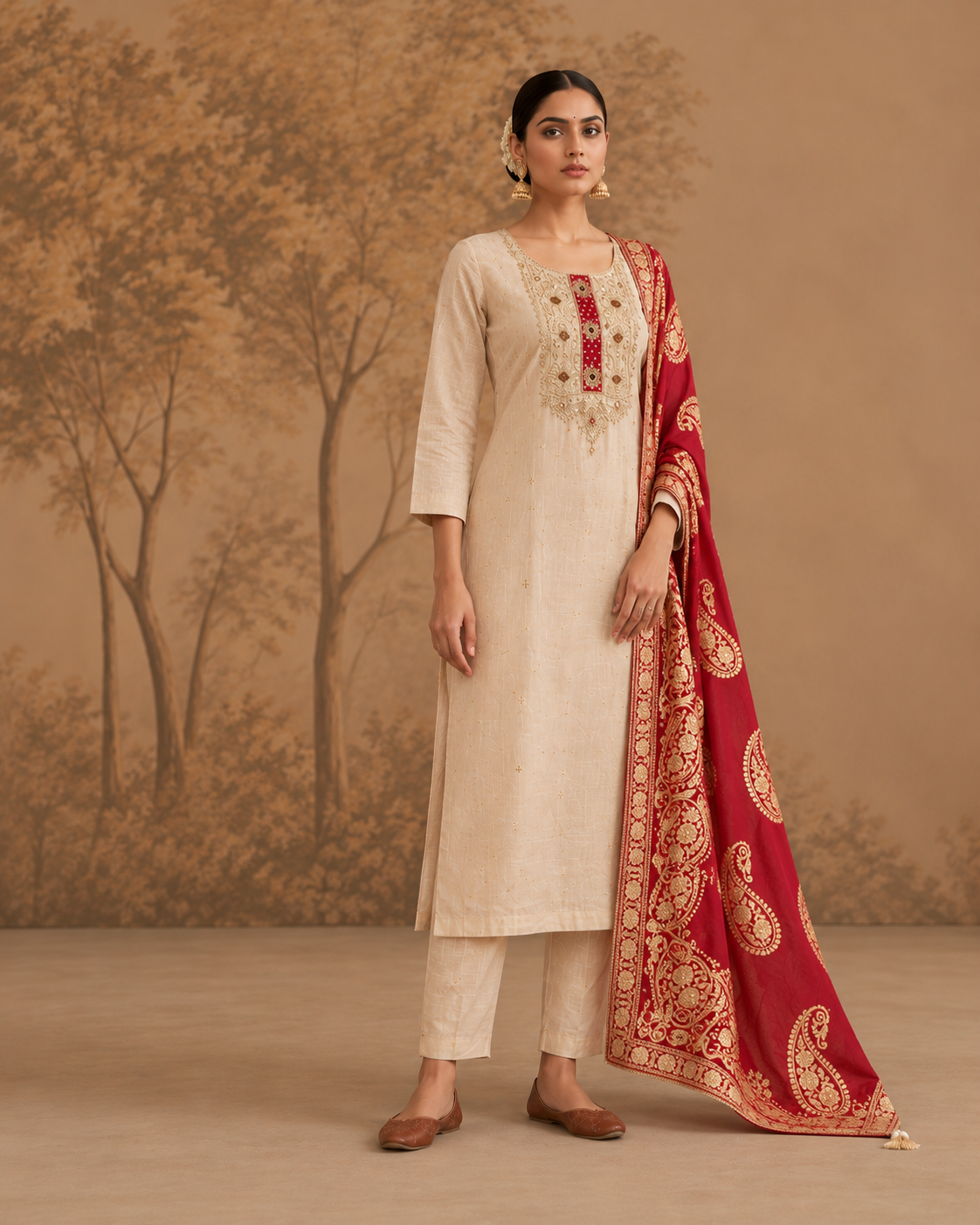 Fawn Tissue Silk Unstitched Suit Set for Women