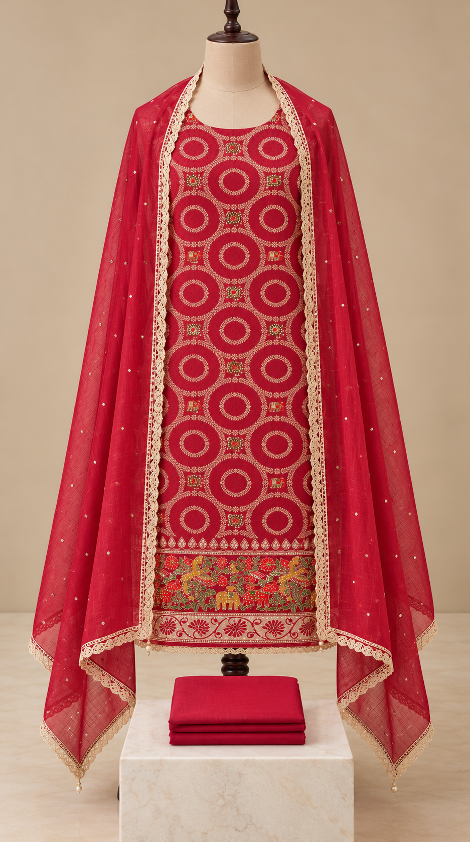 Maroon Jacquard Silk Unstitched Suit Material with Dupatta